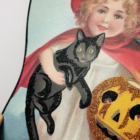 Designs By Kathy Halloween 1920s Style Witch Sign Decor Black Cat Glitter 11X17" - Picture 4 of 9